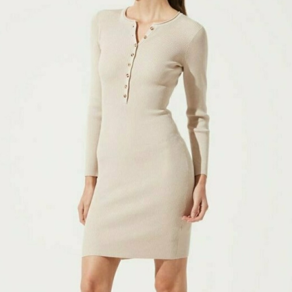 ASTR Long Sleeve Henley Bodycon Dress Oatmeal